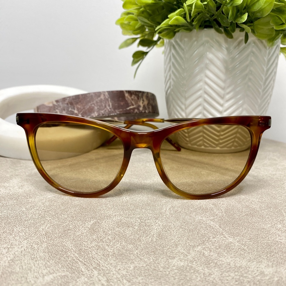 Saint Laurent 54MM Oval Sunglasses Havana Frame Gold Lens | New in Case